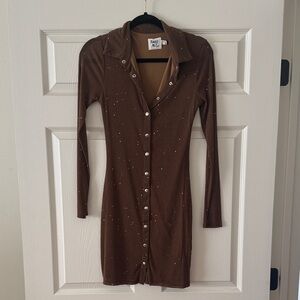 Princess Polly Brown Long Sleeve Button-Front Dress with Sparkle